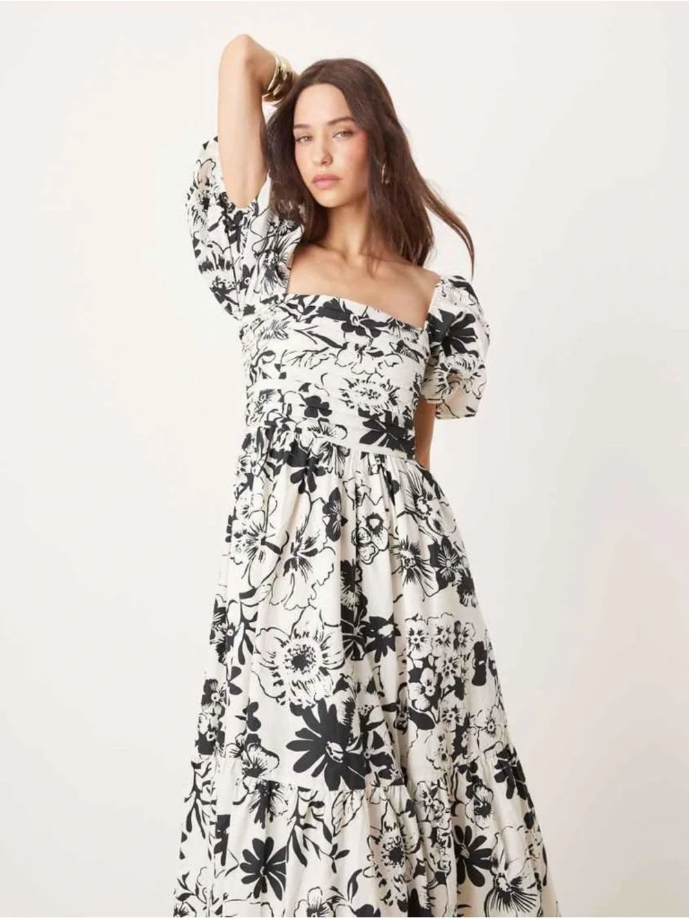 A&F Emerson Black + White Floral Square-Neck Feminine Midi Puff Sleeve Dress L